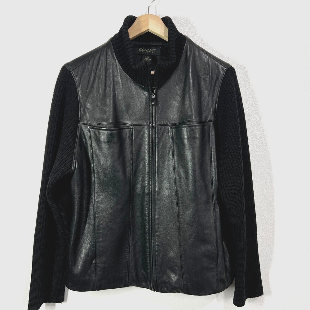 Lane Bryant Black Leather Jacket with Knit Sleeves